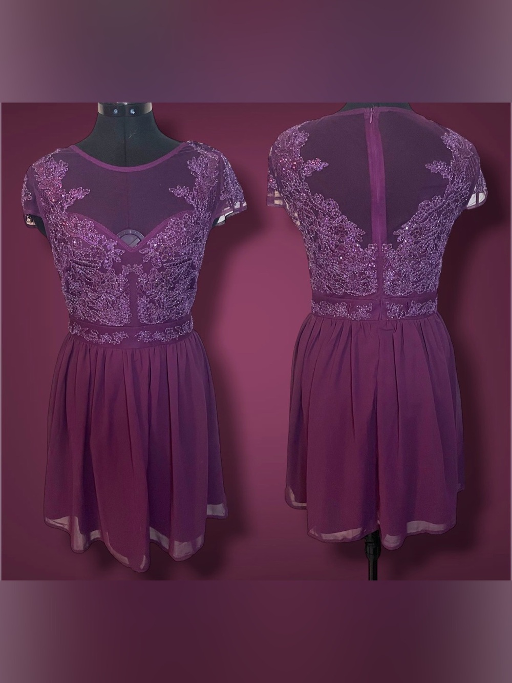 Francesca's Collections Plum Purple Lace Fit-and-Flare Dress